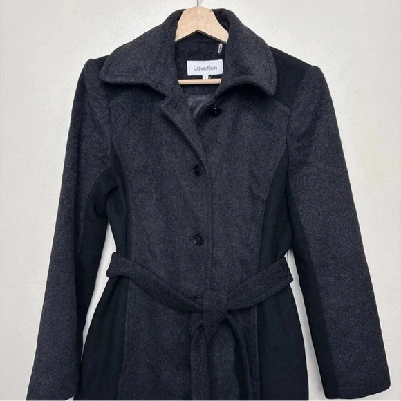 Calvin Klein  Womens 6 Wool Belted Colorblock Mid Length Coat In Grey Black - Picture 4 of 16